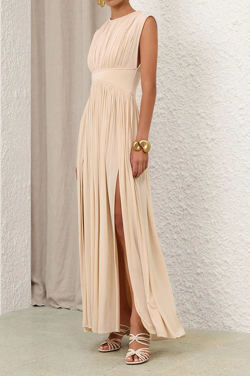 Elegant Women's Long Dress Pleated Waist Design