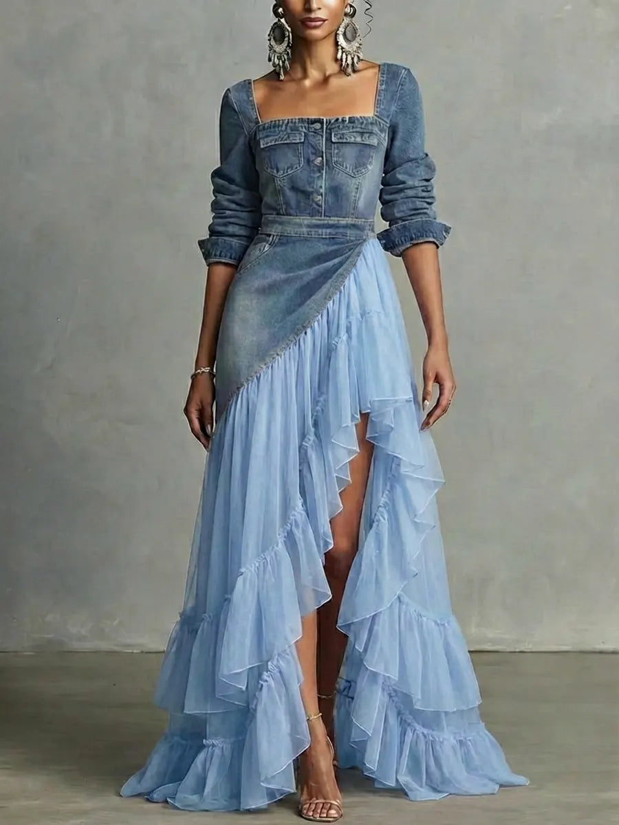 Women's Retro Denim Organza Patchwork Art Casual Maxi Dress
