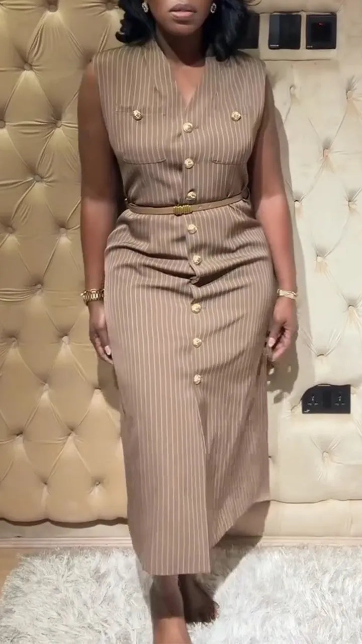 Women V-neck Sleeveless Breasted Vertical Stripe Elegant Temperament Dress