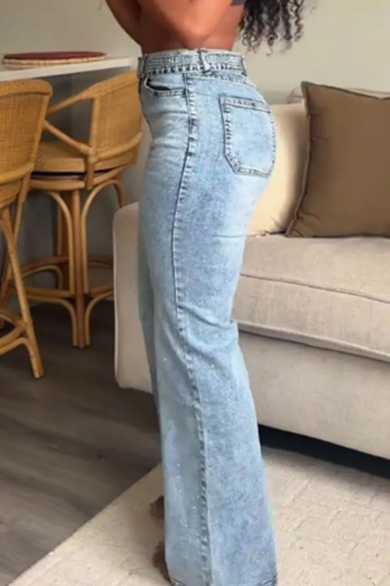 Women's Casual Rhinestone Belt Wide Leg Jeans
