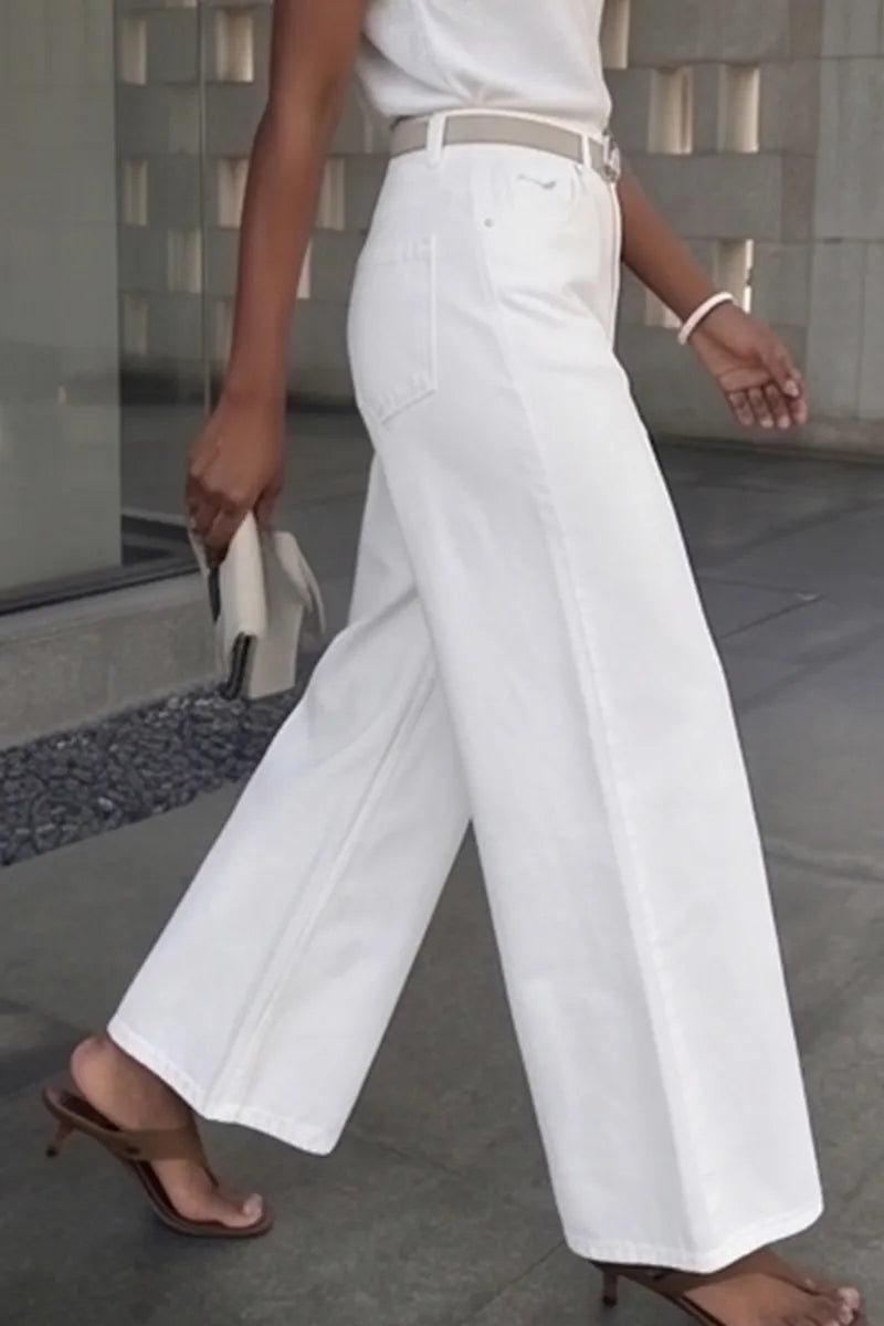 Women's Casual White Wide Leg Jeans(Belts Not For Sale)