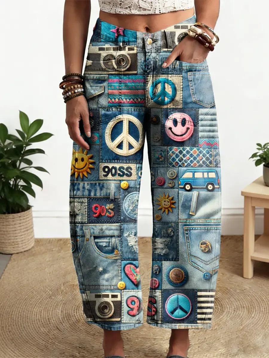 Women's Hippie Style Pattern Art Print Casual Cotton Denim Pants