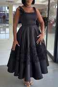 Women's Square Collar Waist Cinching Patchwork Pattern Elegant Temperament Dress