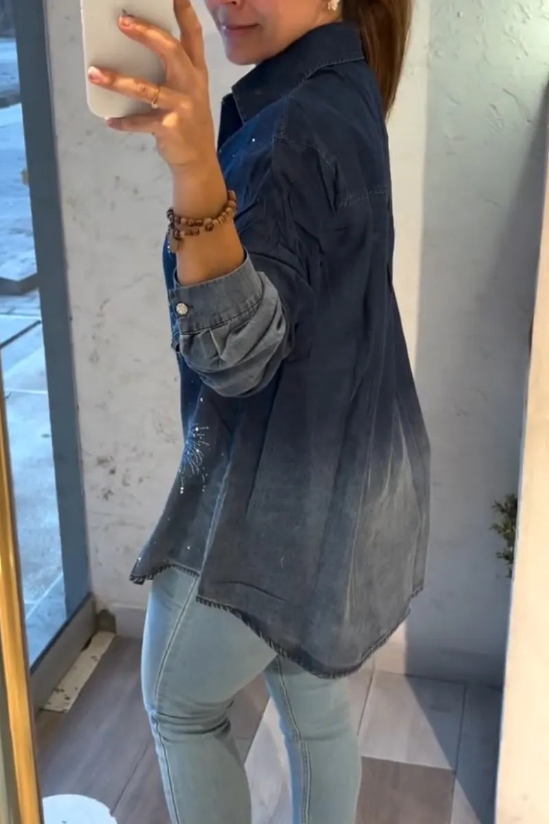 Women Casual Washed Denim Shirt with Rhinestone Firework Motif and Lapel Collar
