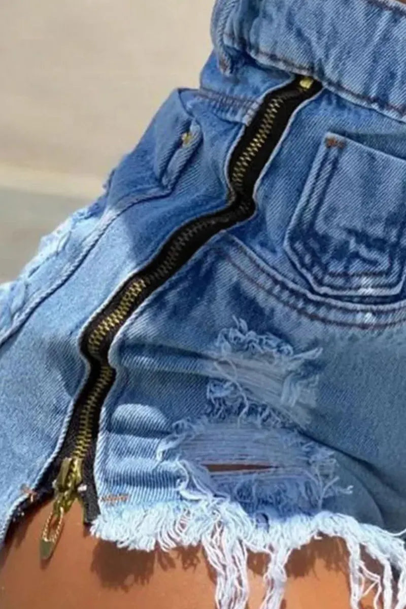 Women's Casual Distressed Denim Shorts with Zipper(Belts Are Not For Sale)
