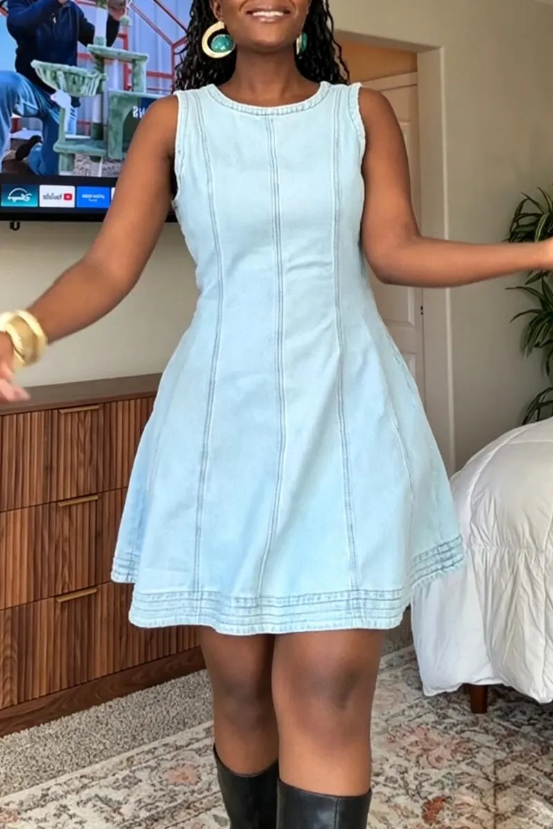 Women Round Neck Spliced Waist Elegant Casual Denim Midi Dress
