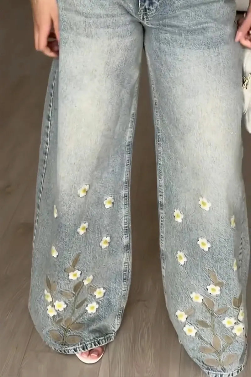 Women's Casual Print Decor Distressed Wash Wide Leg Jeans