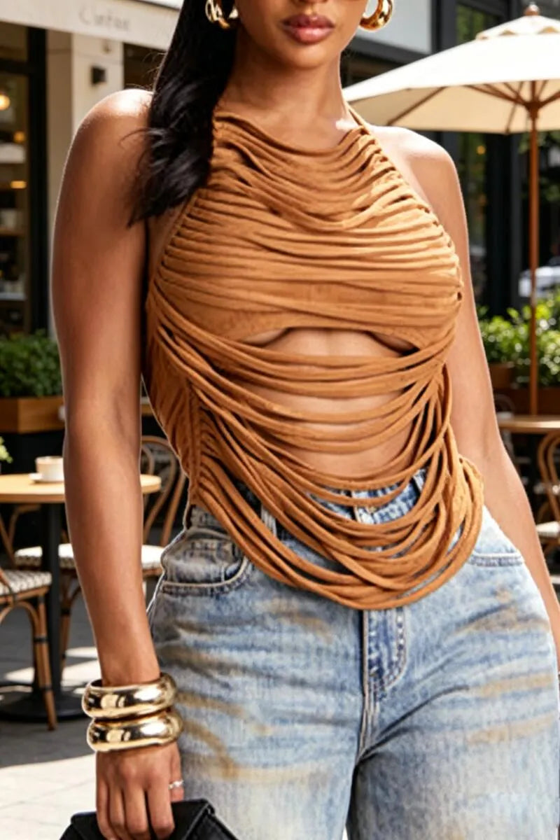 Women Neck Hanging Solid Color Hollow Sexy Casual Top