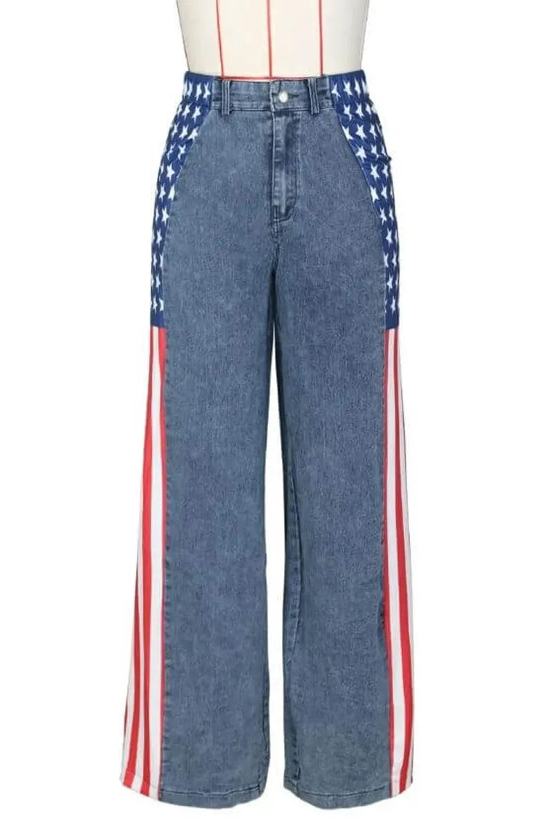 Ladies' American Flag Pattern Wide Leg Jeans