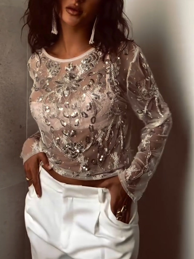 Women Round Neck Sequin Pattern Casual Transparent Top