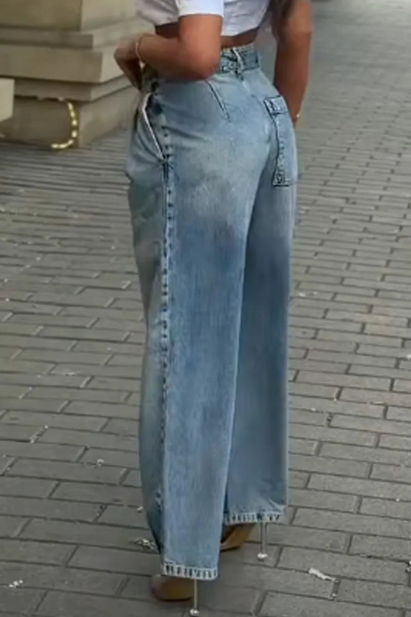 Women High Waist Pleated Front Leather Patch Belt Loose Wide Leg Light Wash Denim Jeans
