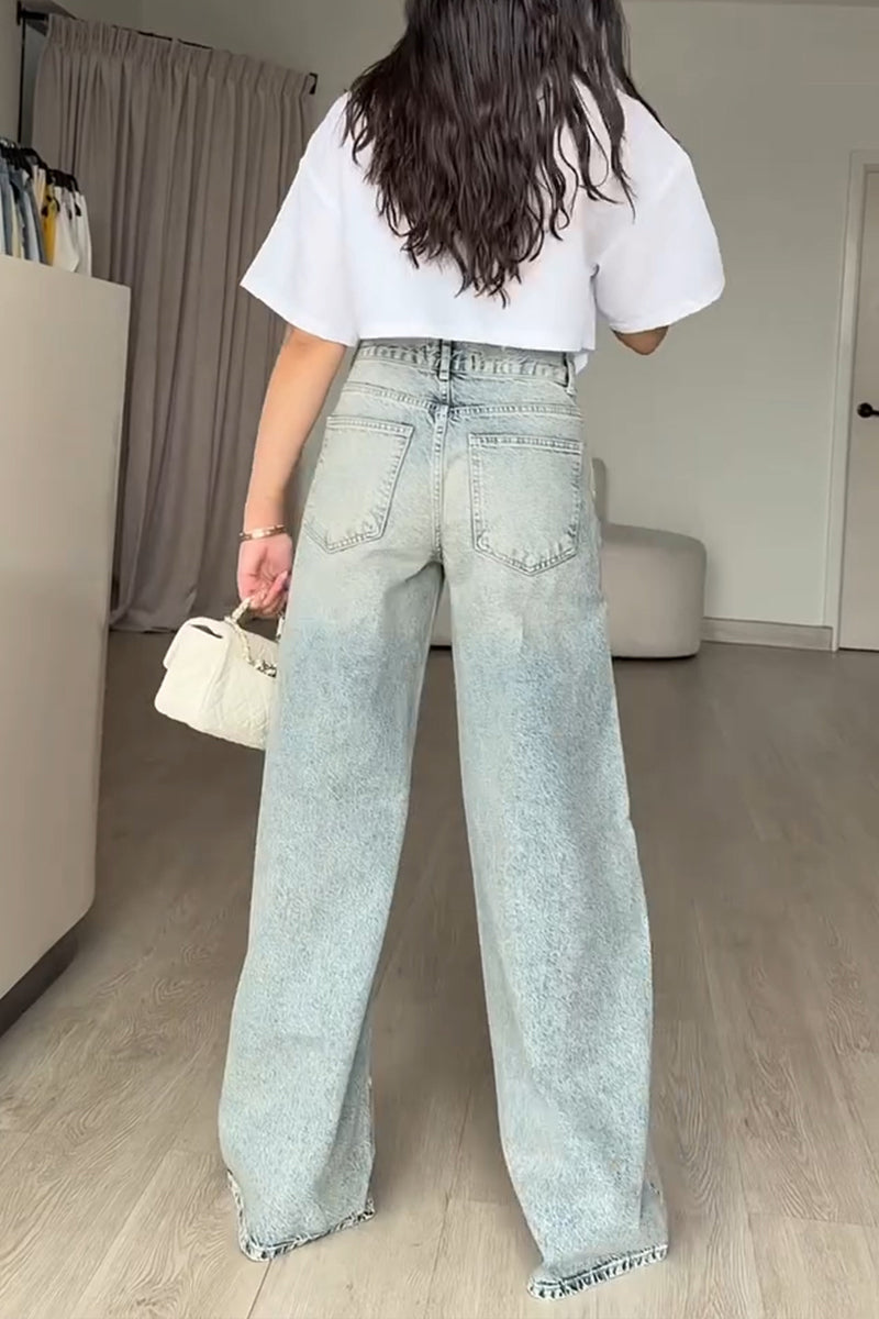 Women's Casual Print Decor Distressed Wash Wide Leg Jeans