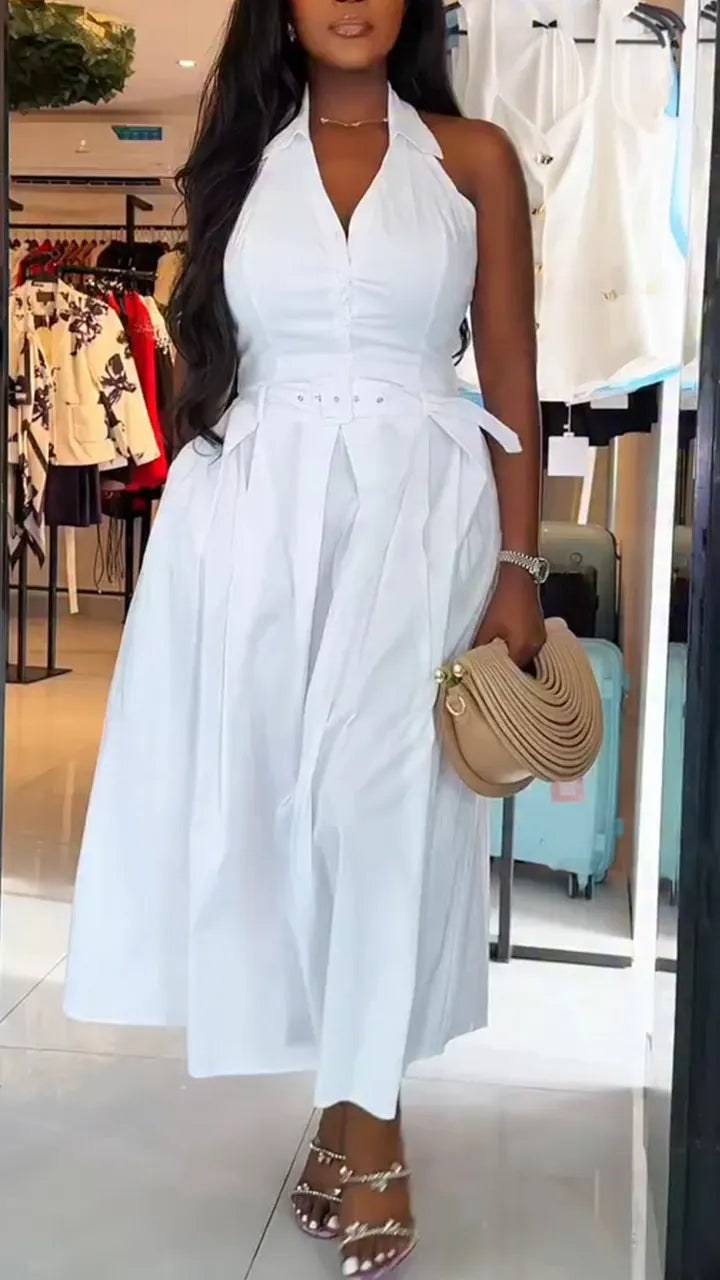 Women Collar Sleeveless Waist Cinched Solid Color Elegant Casual Dress