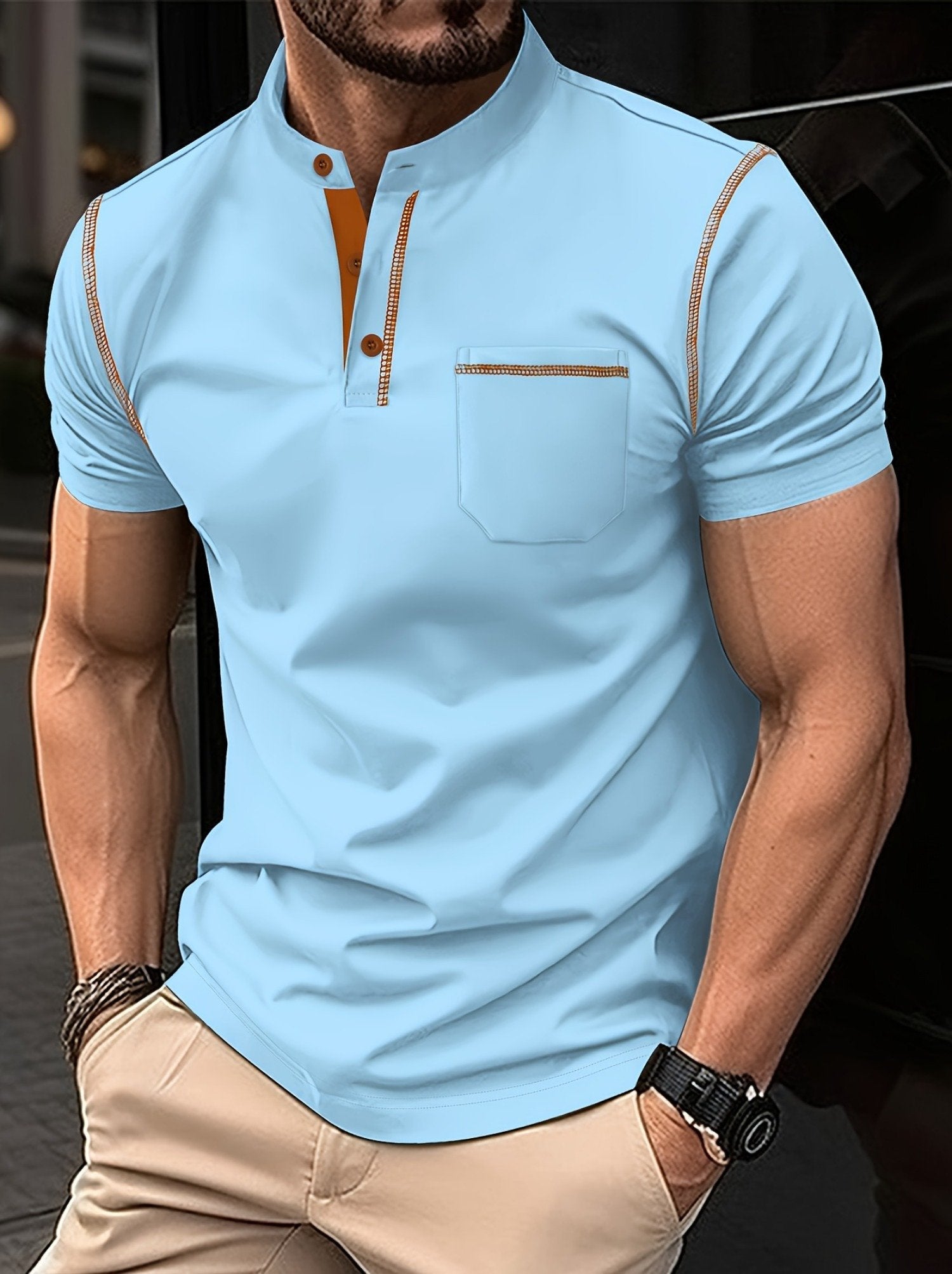 Men's Business Casual Striped Logo Button Short Sleeve Polo Shirt