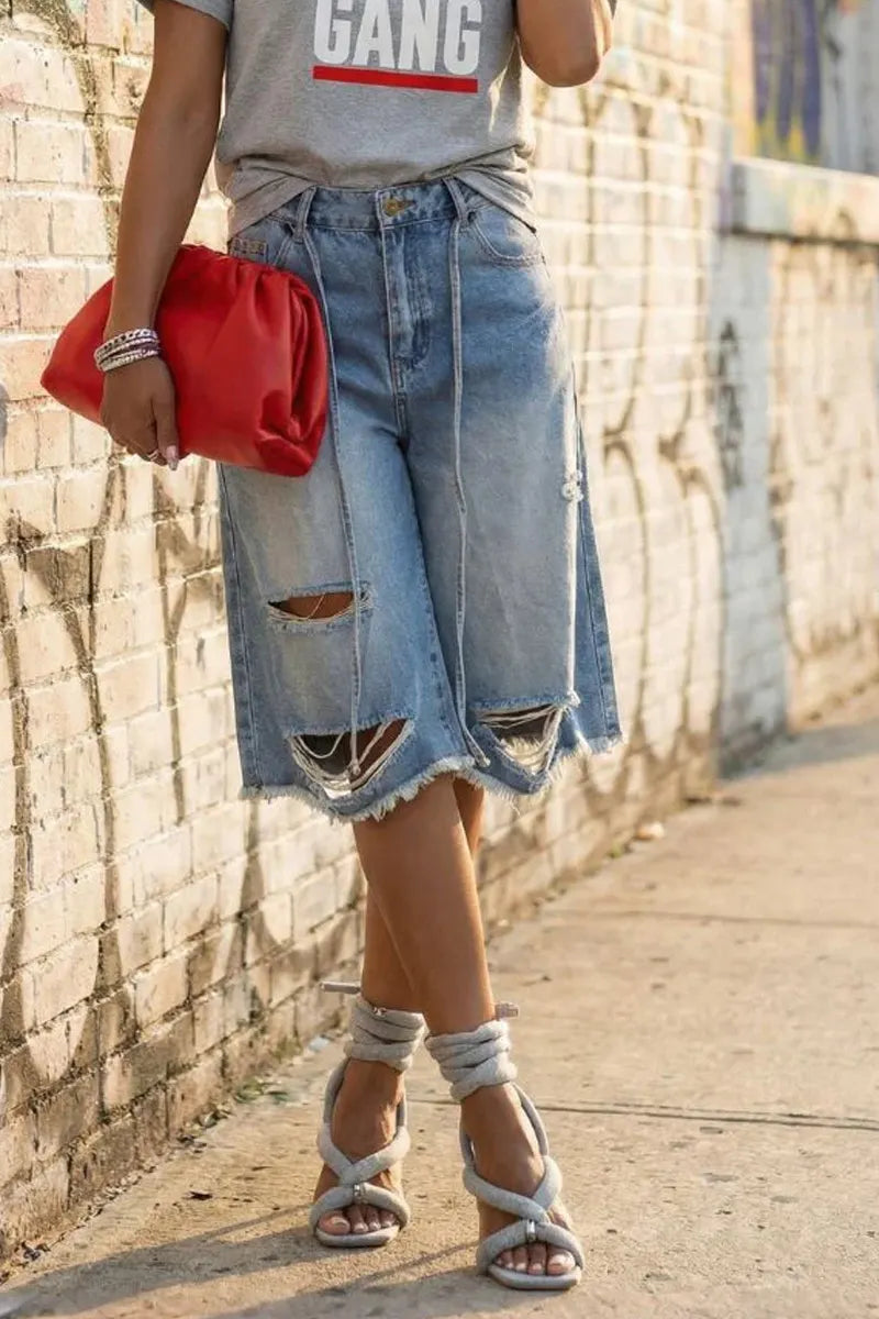 WomenHigh Waist Front Drawstring Destroyed Ripped Raw Frayed Hem Wide Leg Denim Bermuda Capri Shorts