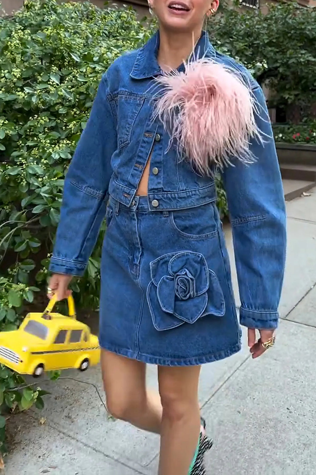 Women's Casual Plush Decoration Denim Jacket or Flower Denim Skirt