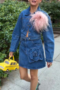 Women's Casual Plush Decoration Denim Jacket or Flower Denim Skirt