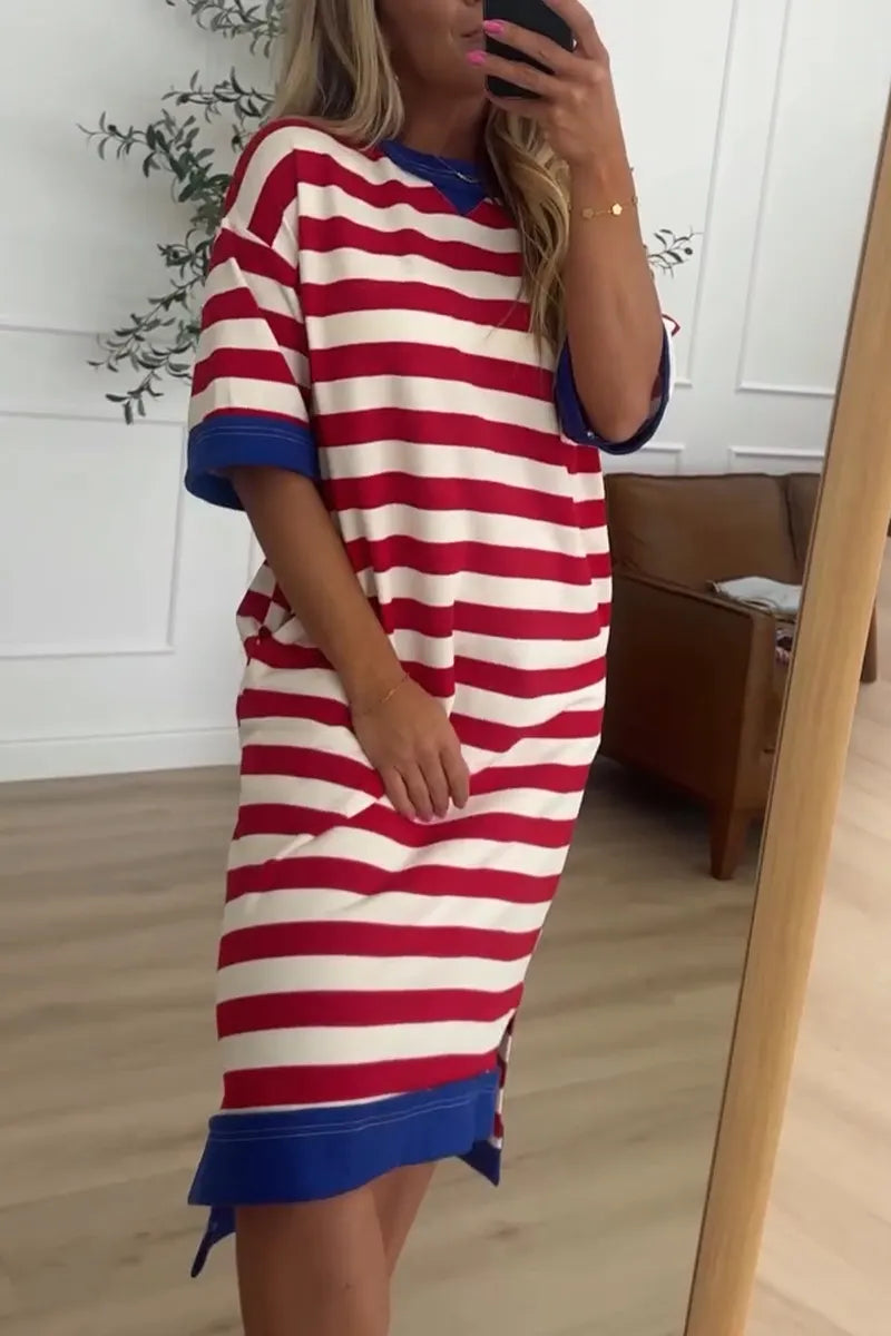 Women Round Neck Striped Loose Casual Midi Dresses