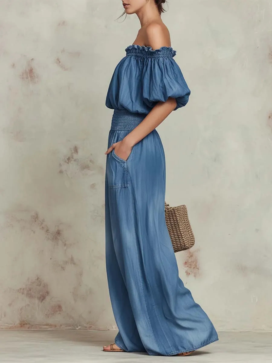 Women's Retro Stylish Shoulder-off Casual Top And Pants Denim Suits