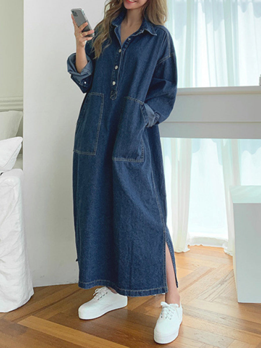 Buttoned Pockets Solid Color Split-Joint Split-Side Long Sleeves Loose Lapel Shirt Dress Maxi Dresses
