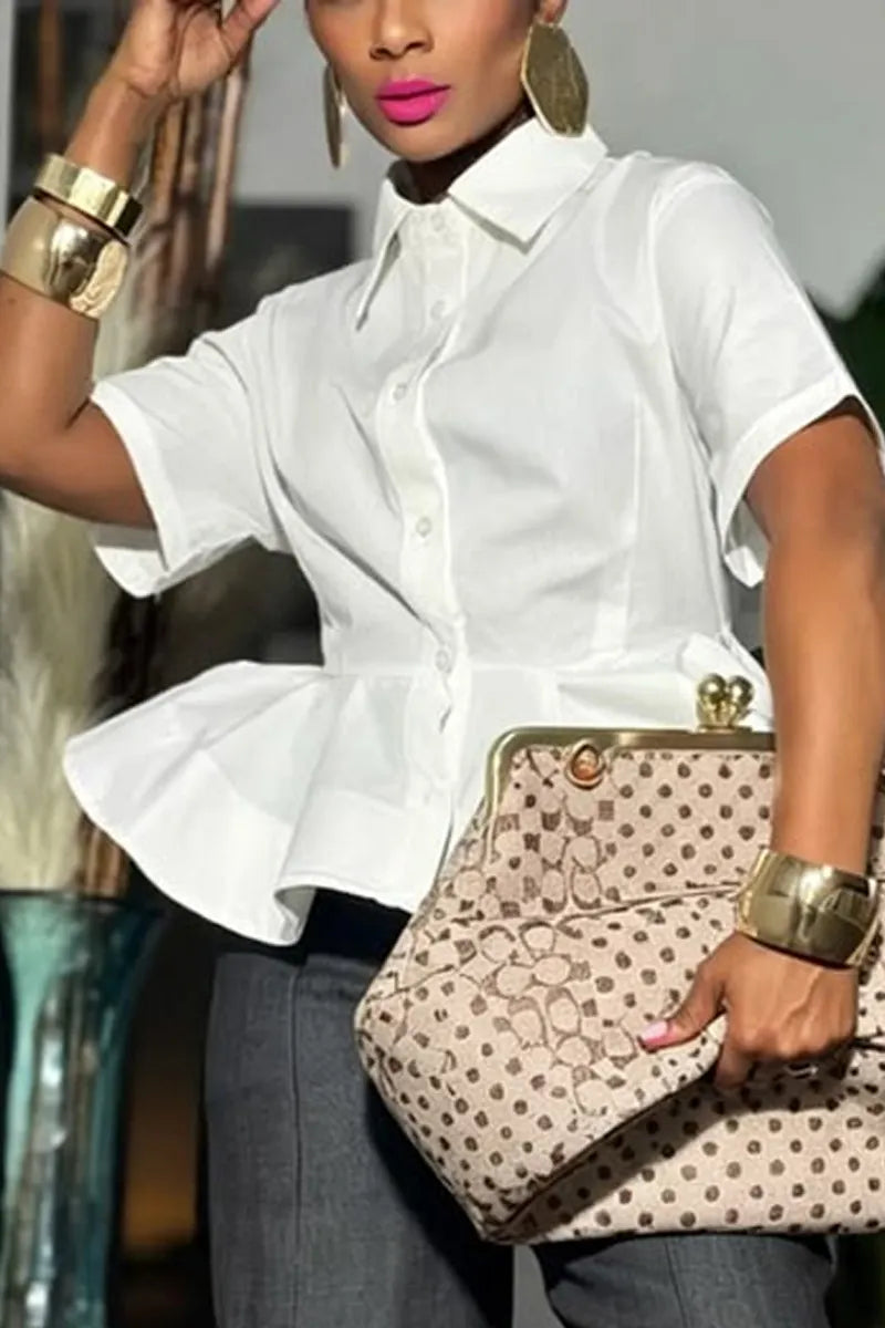 Women's Casual Peplum Blouse with Short Sleeves & Classic Collar