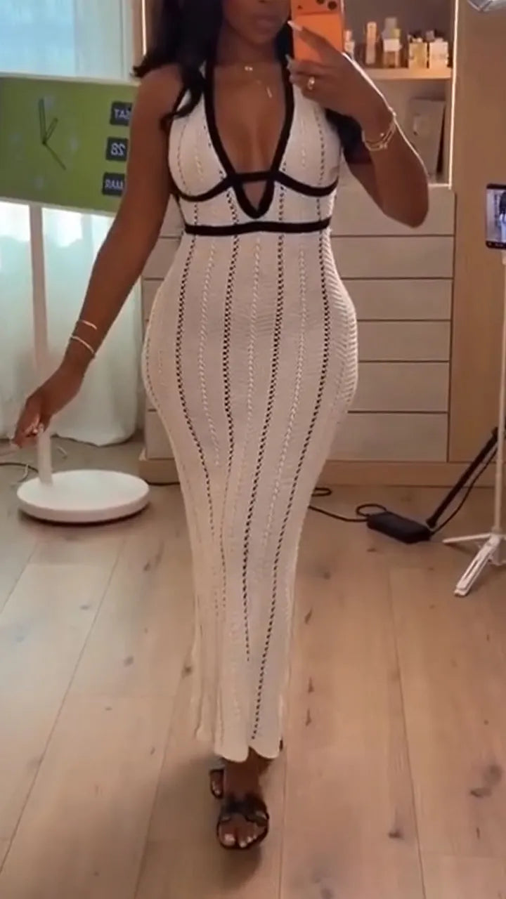 Women Neck Hanging Deep V-neck Patchwork Hollow Slim Fit Sexy Casual Maxi Dress