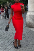 Women's Round Neck Solid Color Slit Slim Fit Elegant Temperament Dress