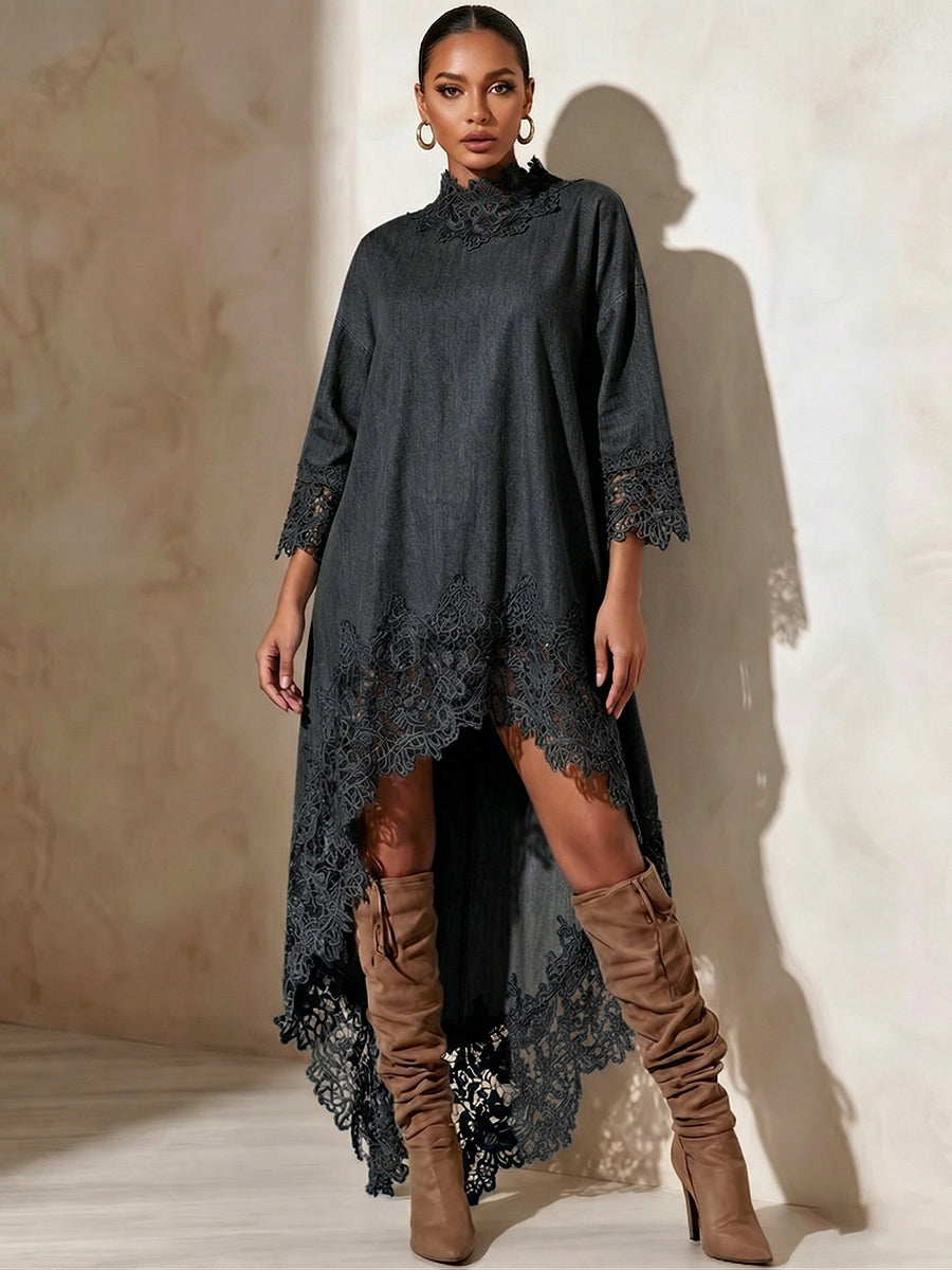 Vintage Lace Mock-neck Denim Maxi Dress
