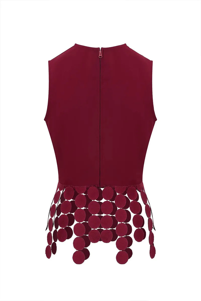 Women's High Neck Red Party Top with Layered Disc Tassel Detail