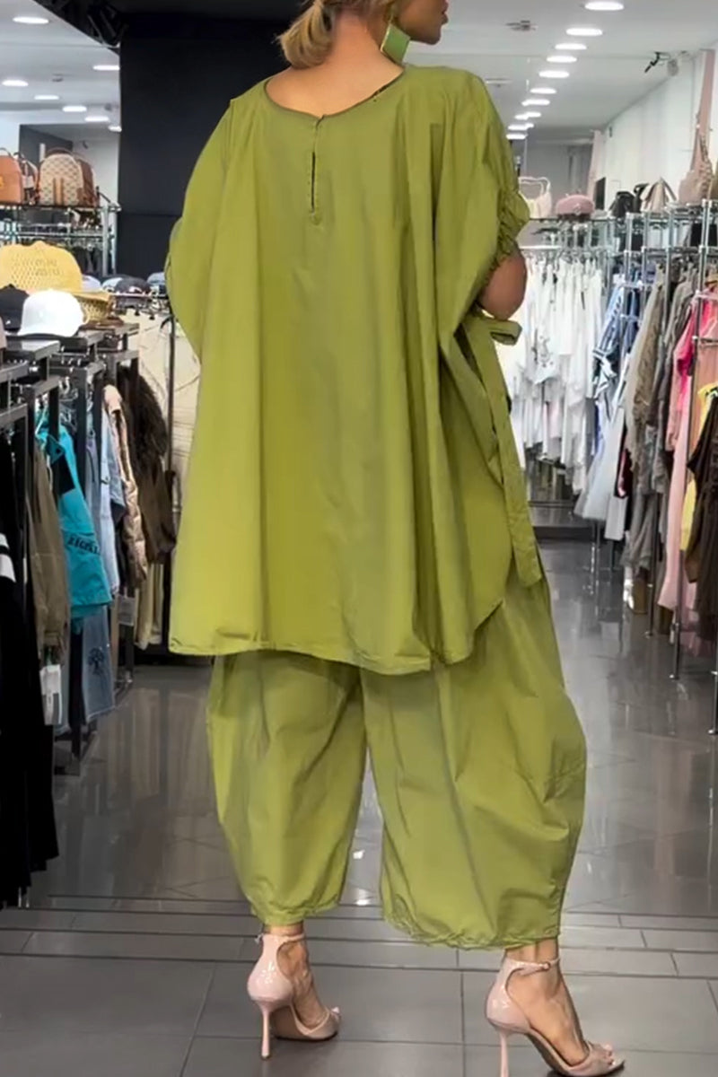 Women's Casual Loose High-Low Top Wide Leg Pants Two-Piece Set