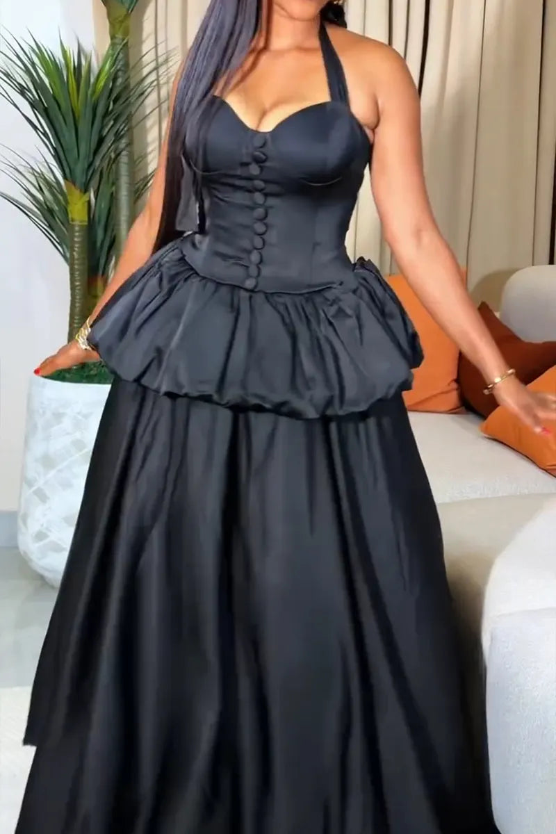 Women's Elegant Balloon Tiered Hem Tie Waist Cinching Maxi Dress