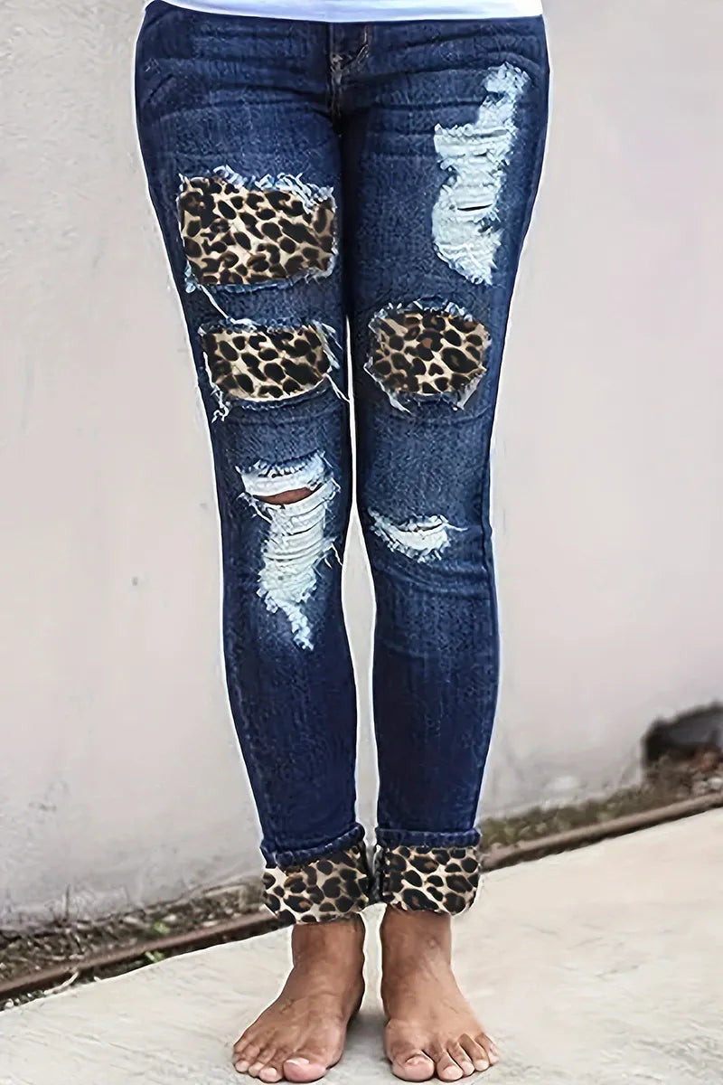 Women's Distressed Raw Hem Leopard Patch Cuffed Jeans
