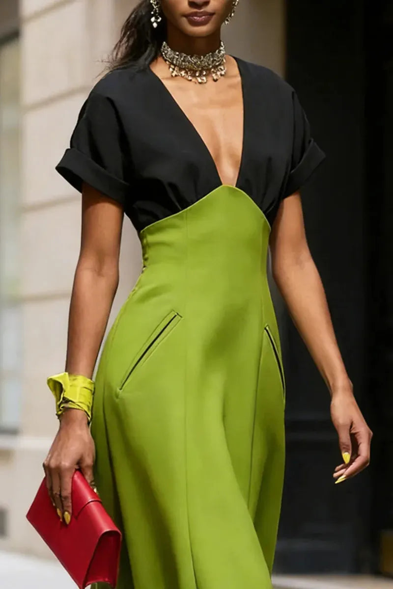 Women Contrast Color Deep V Cuff Sleeve High Waist Pocket A Line Midi Dress