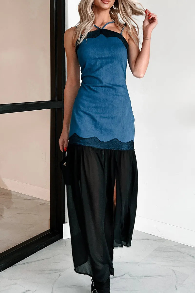 Women's Casual Crisscross Halter Denim Mesh Splice Maxi Dress with High Side Slit