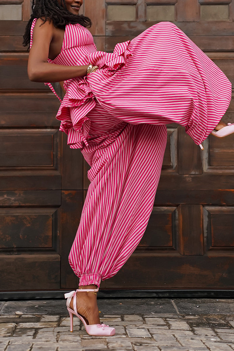Women's Double Layer Ruffle Stripe Vest or Loose Elastic Cuff Pants