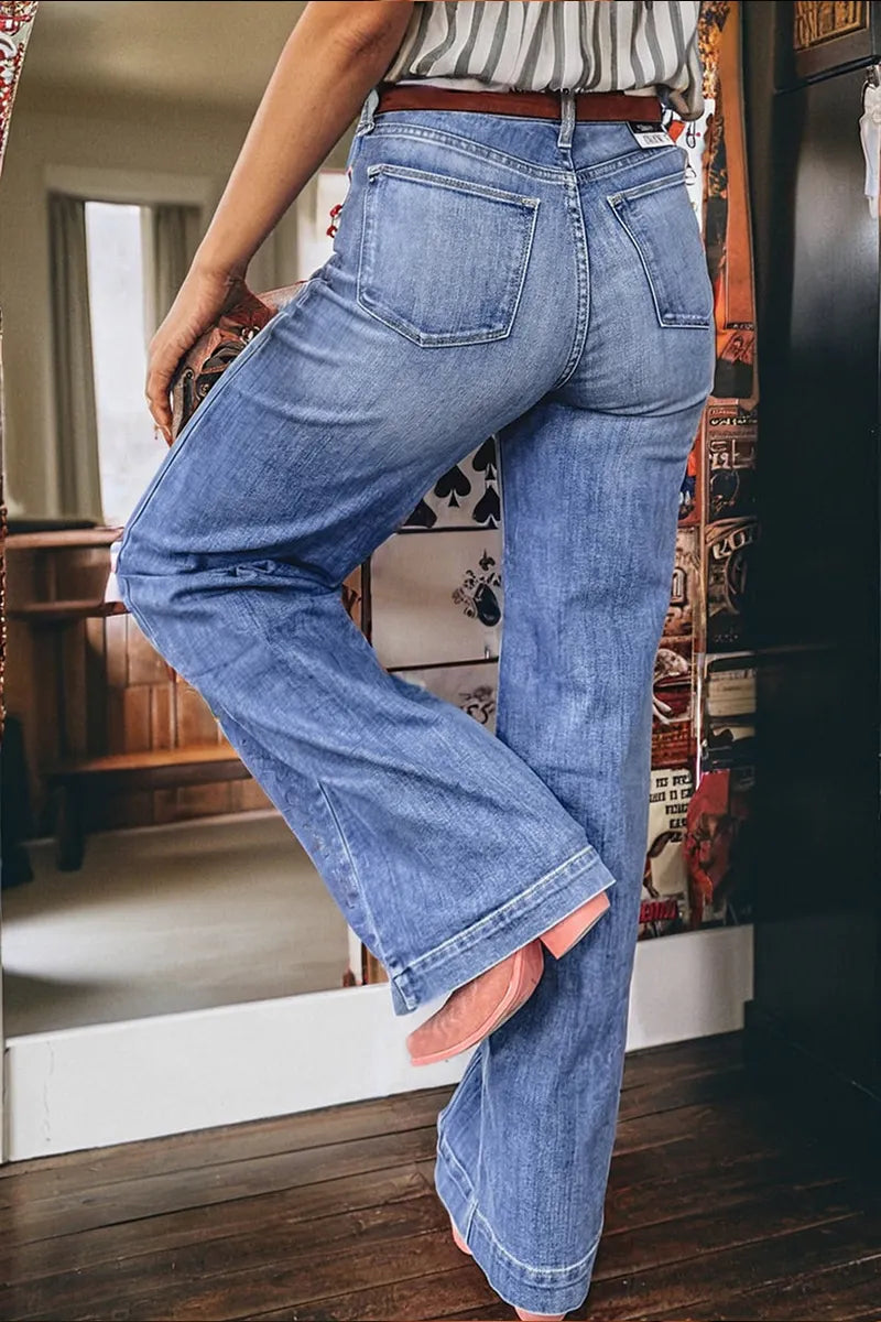 Ladies' Fashionable Casual Slim Fit Center Stitching Details Straight Tube Loose High Waisted Jeans
