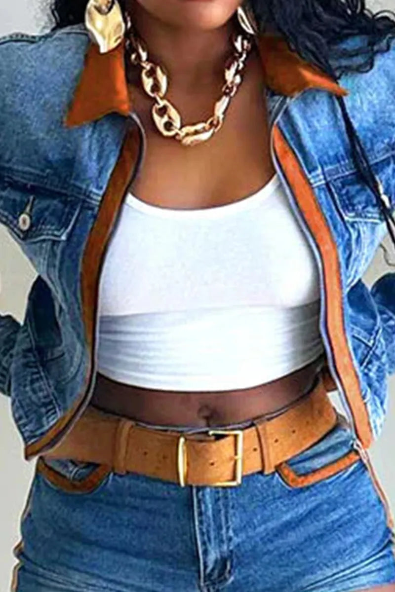 Women's Casual Long Sleeve Denim Jacket Or Casual Short Denim Shorts