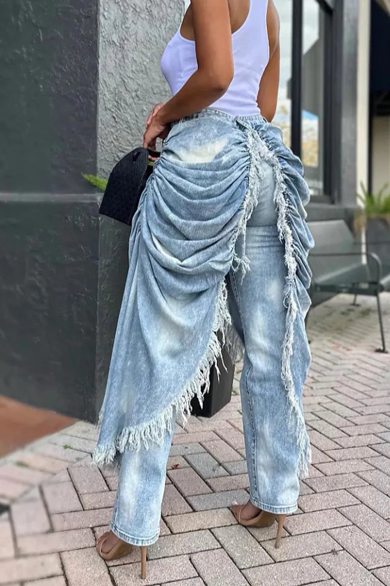 Women Patchwork Washed Tassel Casual Jeans