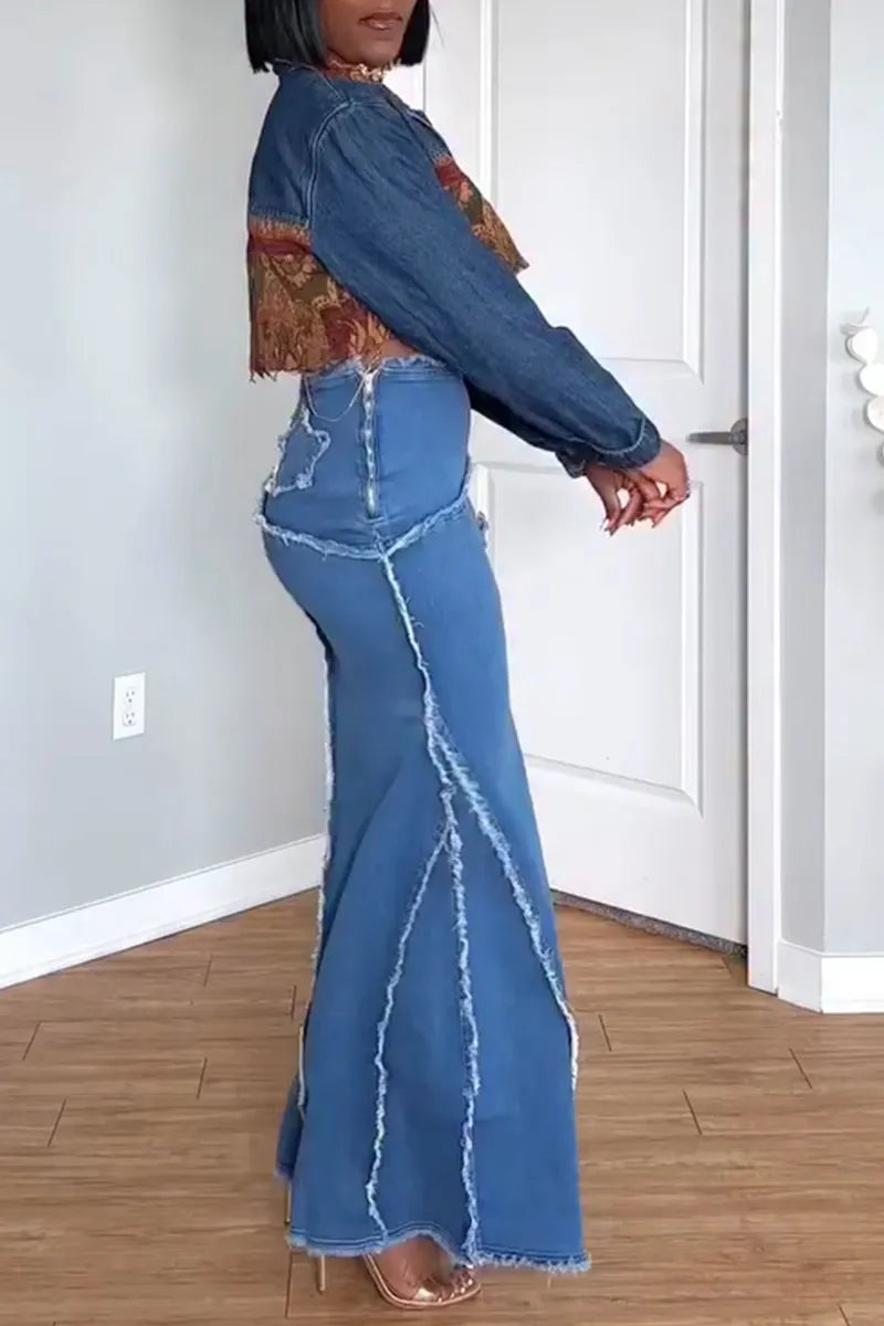 Women's Fashion Pattern Panel Cropped Denim Jacket or Denim Skirt