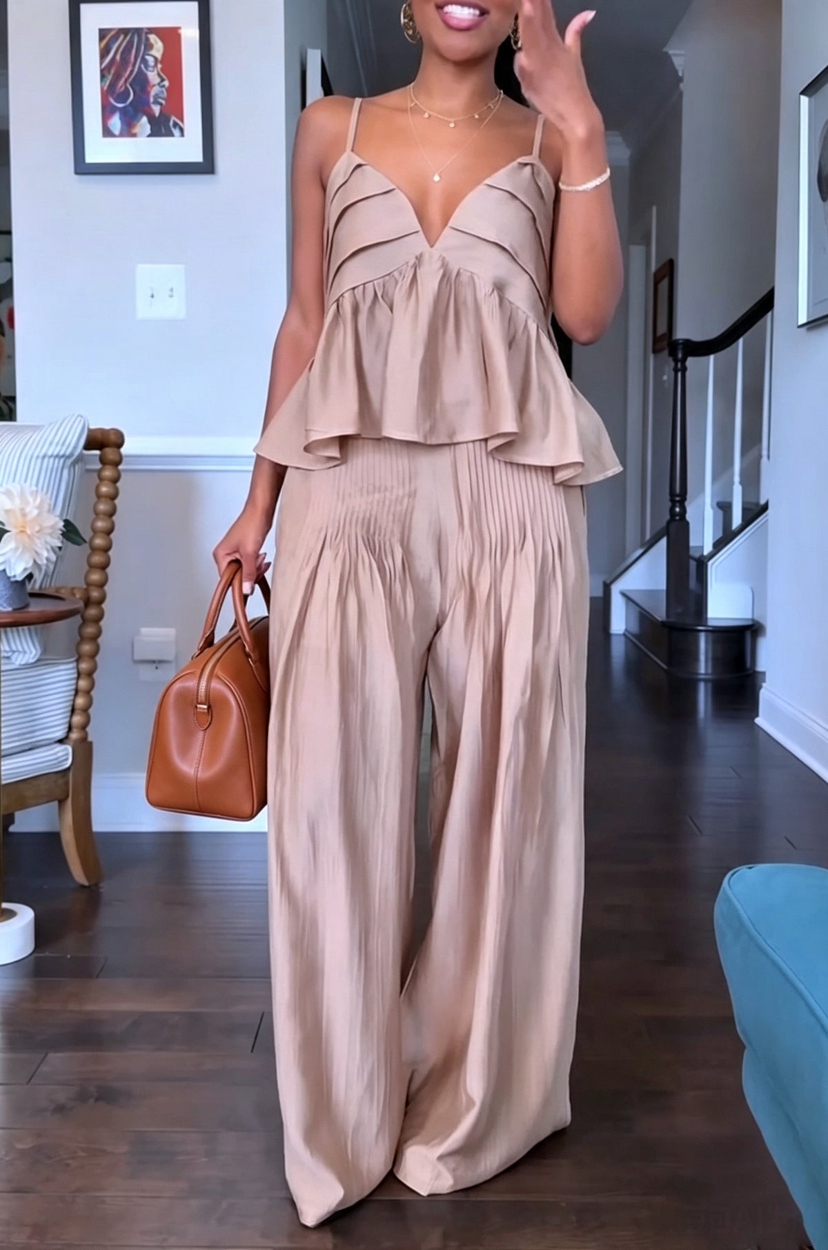 Women's Vacation V-Neck Vest Wide Leg Pants Pleated Two-Piece Set