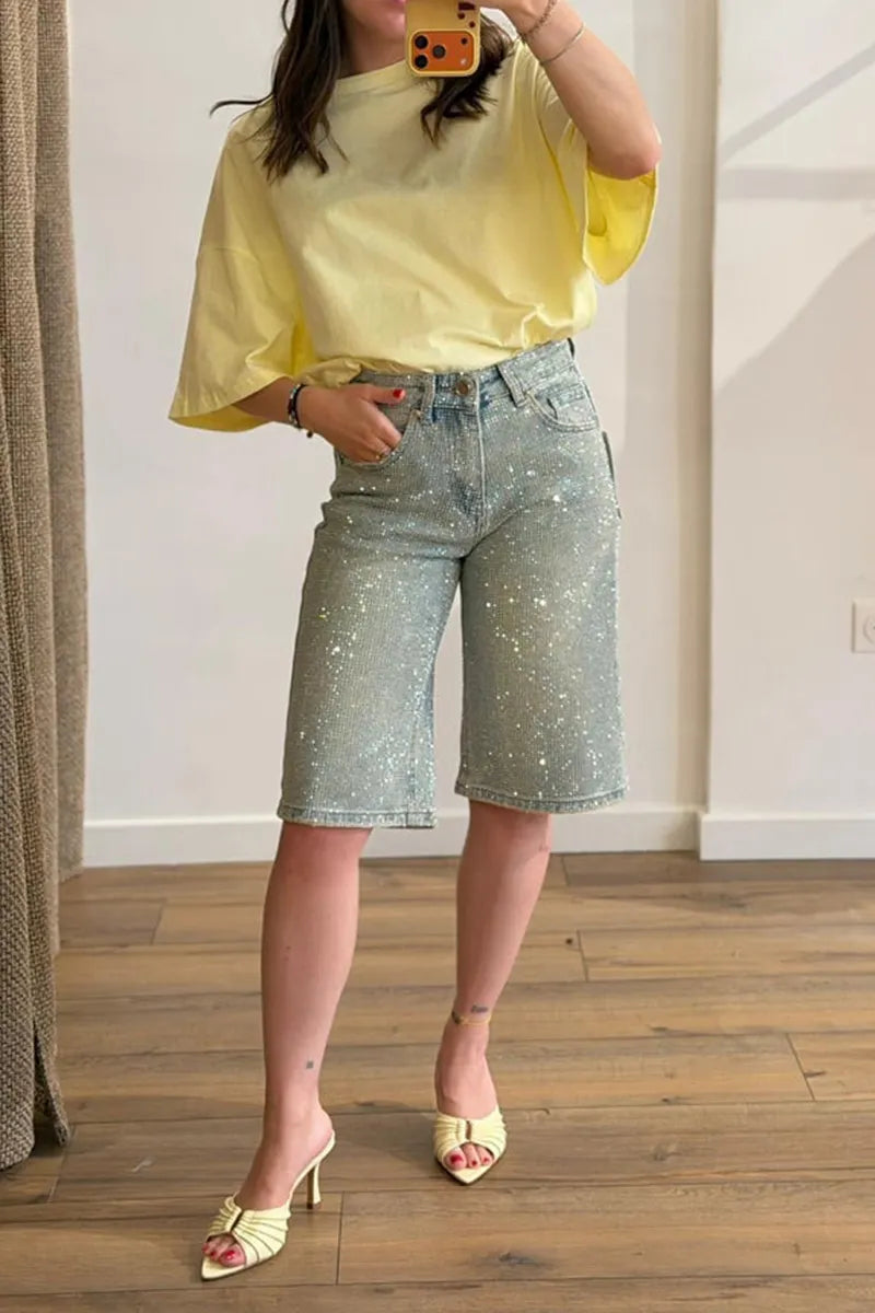 Women's Fashion Sparkling Rhinestone Cropped Jeans