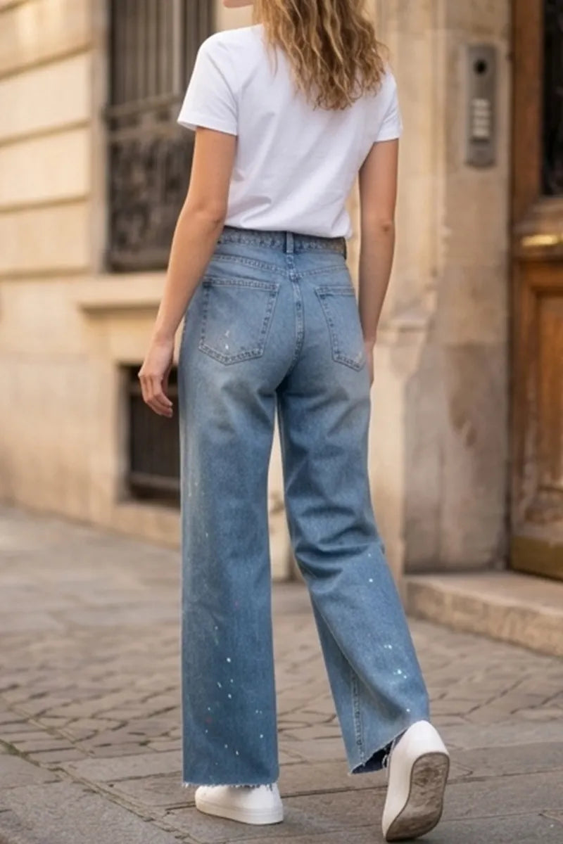 Women's Casual Spray Painted White Polka Dot Wide Leg Jeans