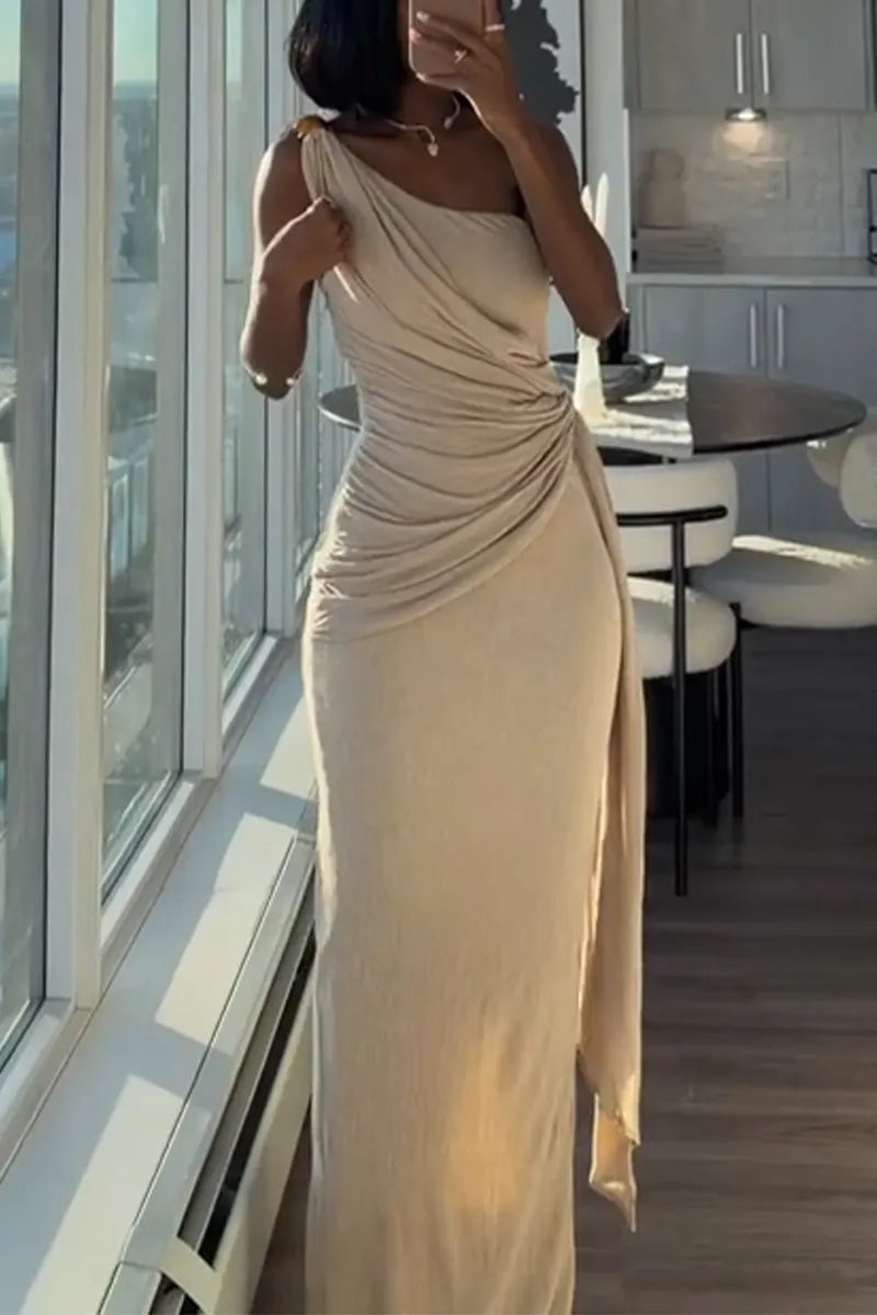Women Slanted Shoulder Patchwork Slim and Elegant Temperament Dinner Party Style Dress
