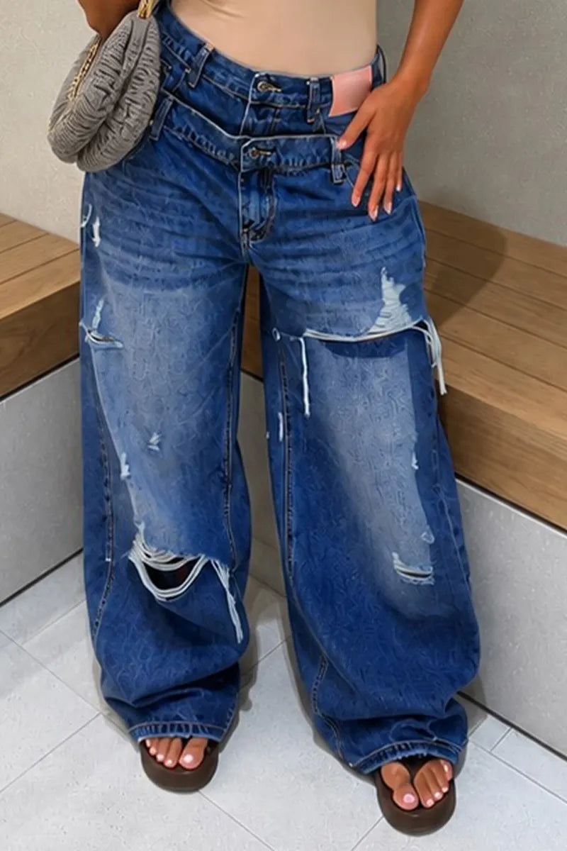 Women Double Waistband Multi Destroyed Ripped Wide Leg Baggy Denim Jeans