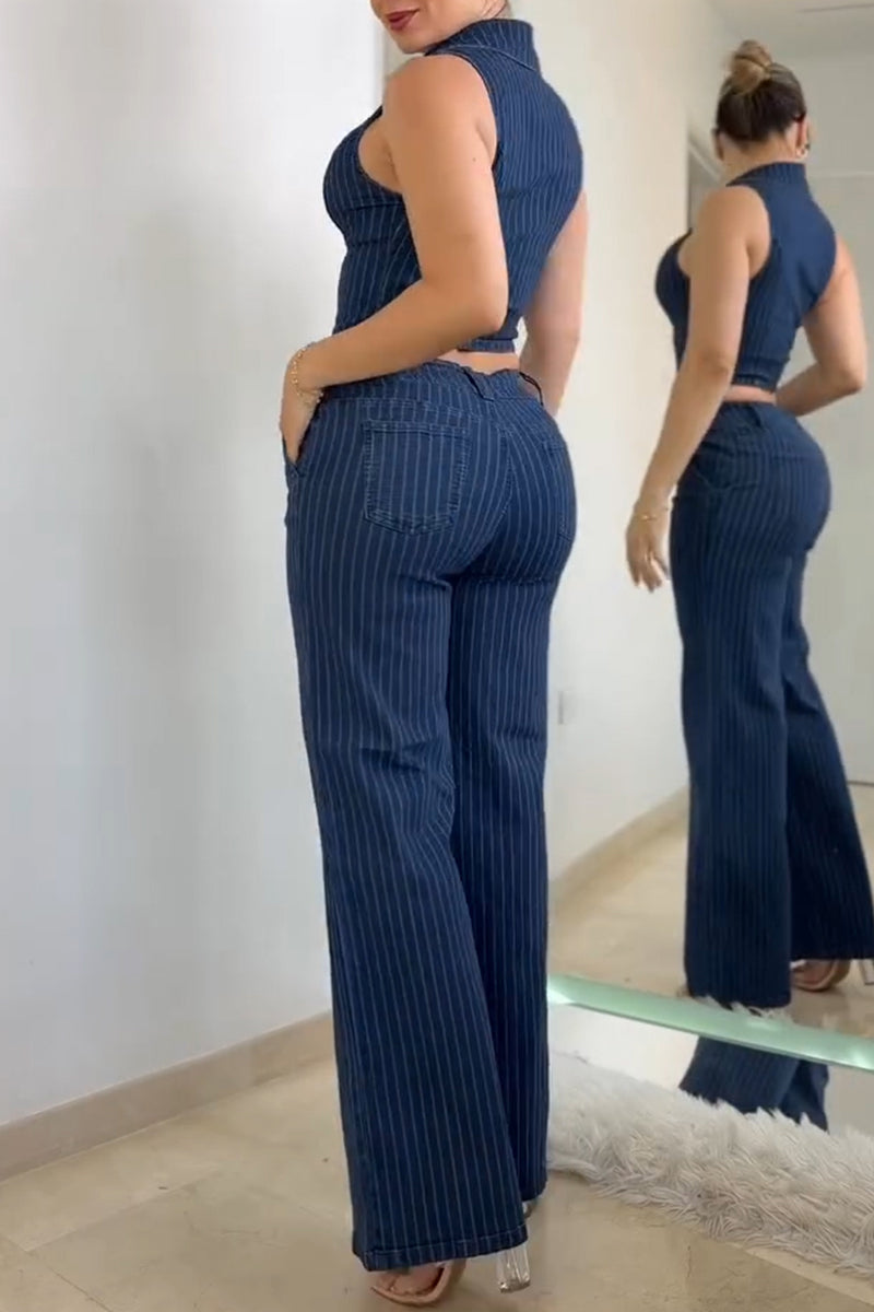 Women's Casual Stripe Zipper Vest or Wide Leg Jeans