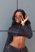 Women's Washed Black Denim Cropped Jacket Or Studded Mini Skirt