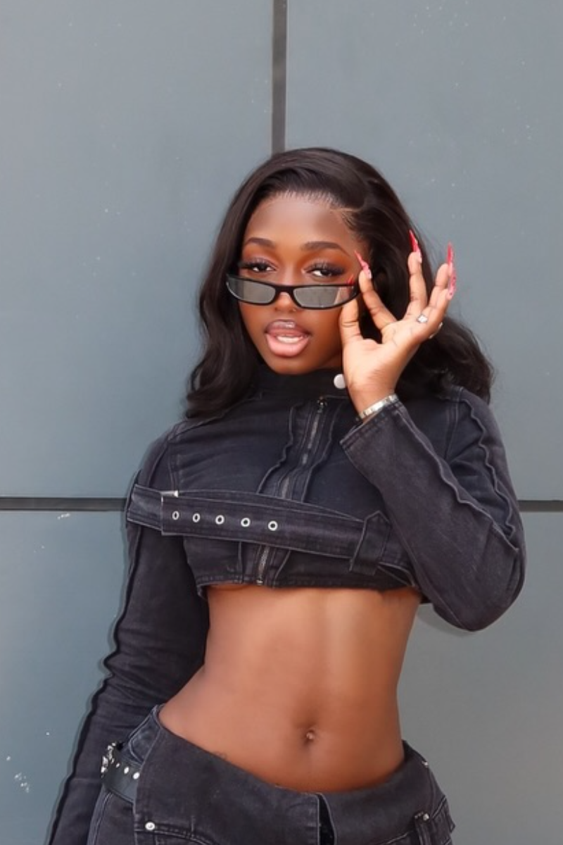 Women's Washed Black Denim Cropped Jacket Or Studded Mini Skirt