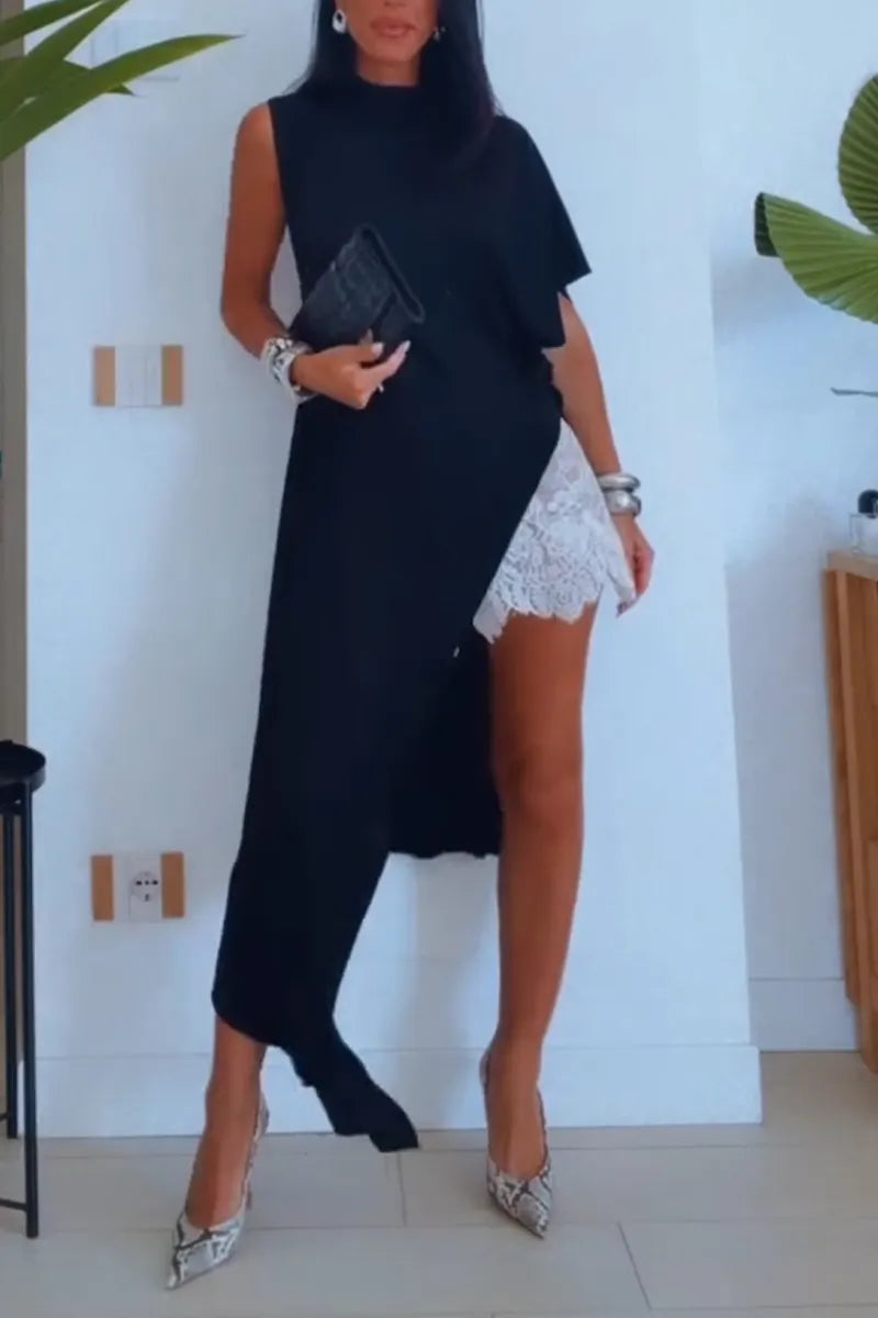 Women's Round Neck Solid Color Irregular Dress or Lace Patterned Shorts Underneath