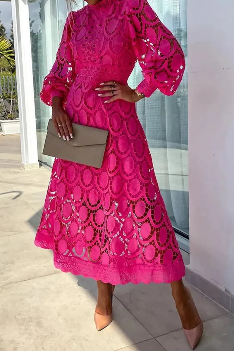 Women's Round Neck Waist Cinching Pattern Hollow Out Solid Color Elegant Temperament Dress
