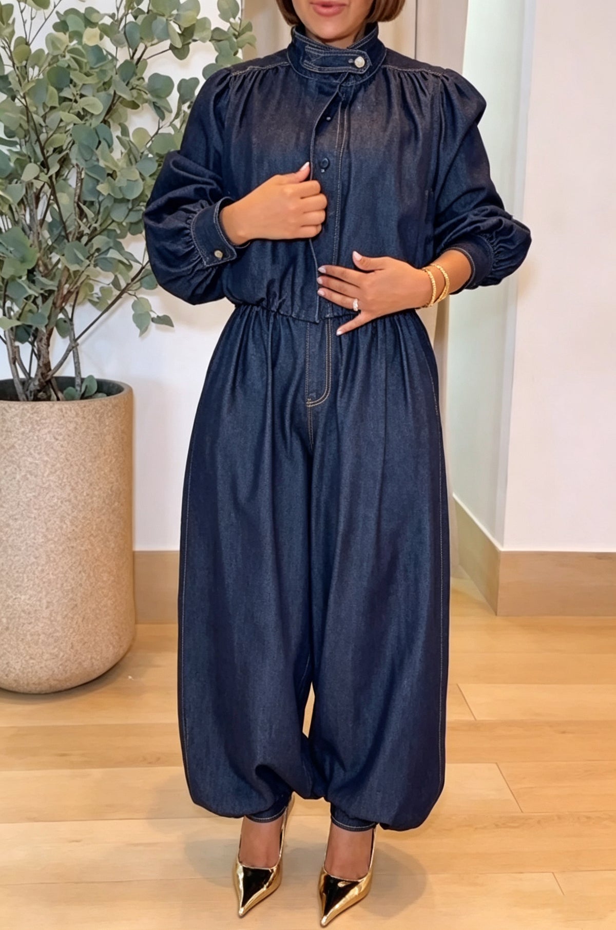 Women's Casual Puff Sleeve Denim Jacket or Loose Elastic Cuff Jeans
